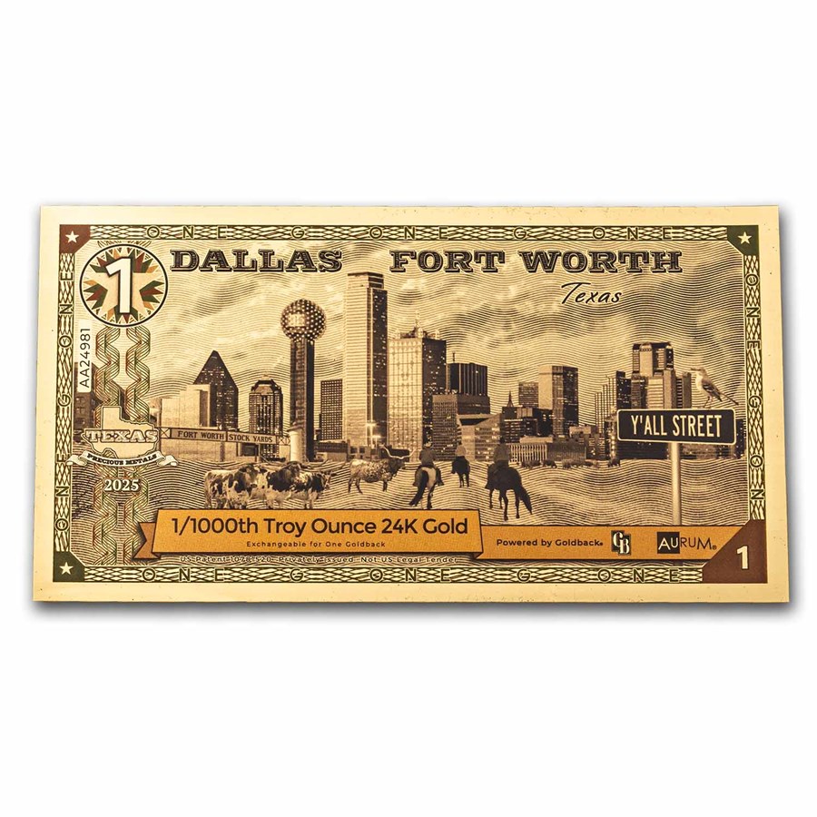 1 billet d'or Goldback 24 carats de Dallas Fort Worth, Texas (paquet de 100)