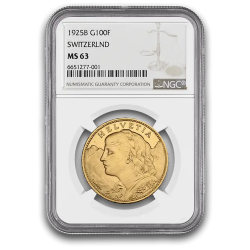 1925 Helvetia Vreneli Pièce d’Or - MS-63 NGC - 100 Francs Suisses